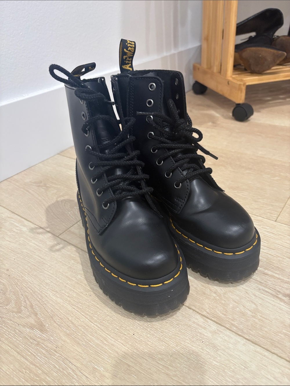 Dr. Martens Black Leather Lace-Up Platform Boots with Yellow Stitching